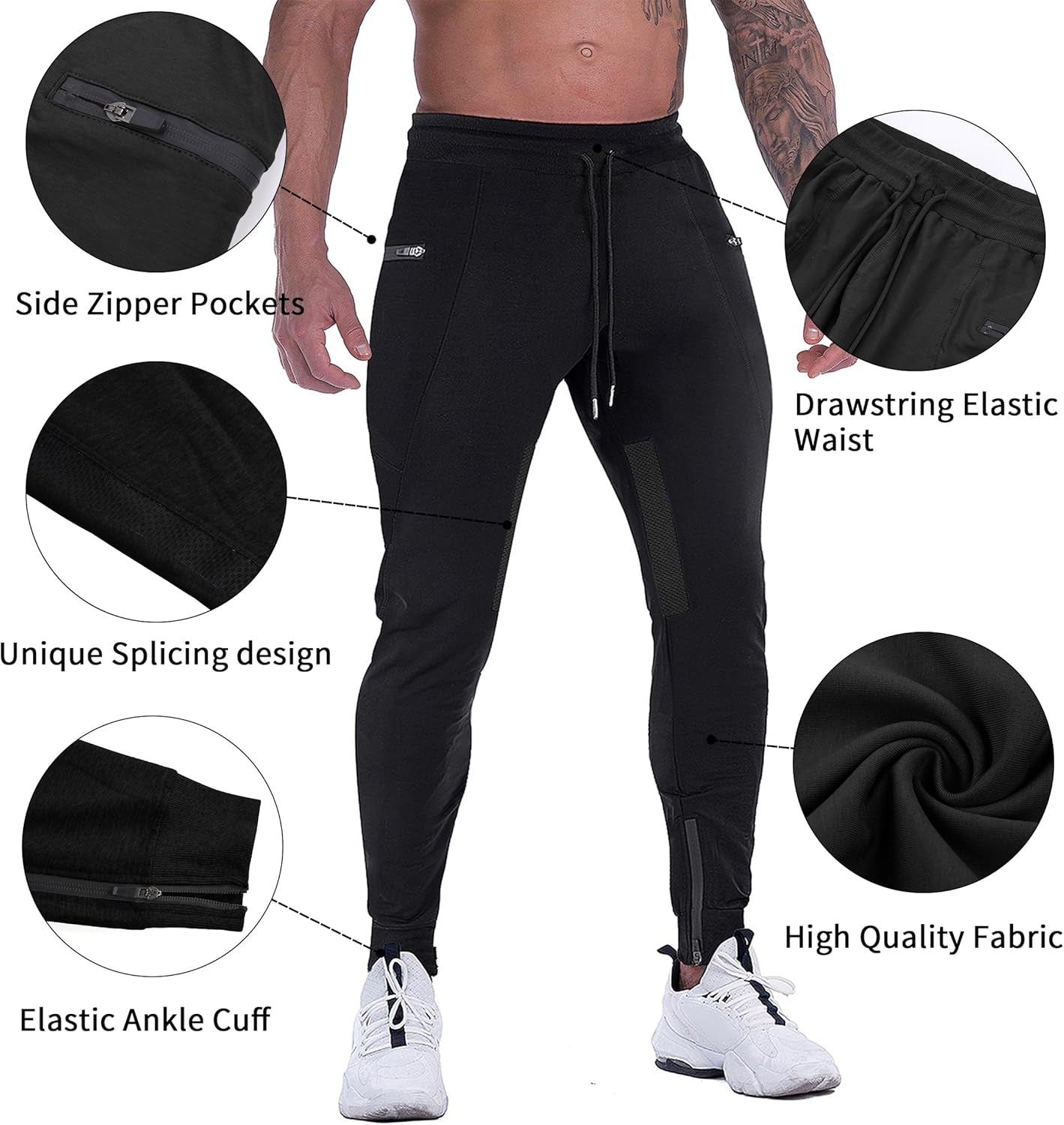 Mens Joggers Pants Tapered Sweatpants Casual Gym Training Workout Pants Slim Track Pant with Zipper Pockets